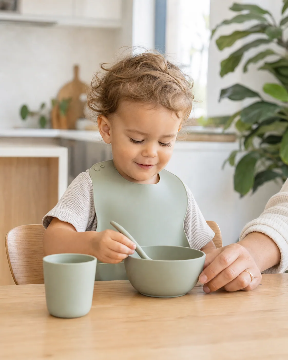 A toddler enjoying a calm mealtime with a parent nearby