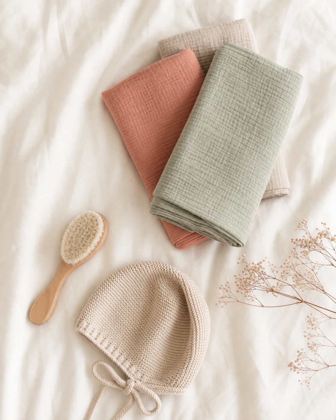 Soft newborn wraps, bonnet and baby brush arranged in natural light